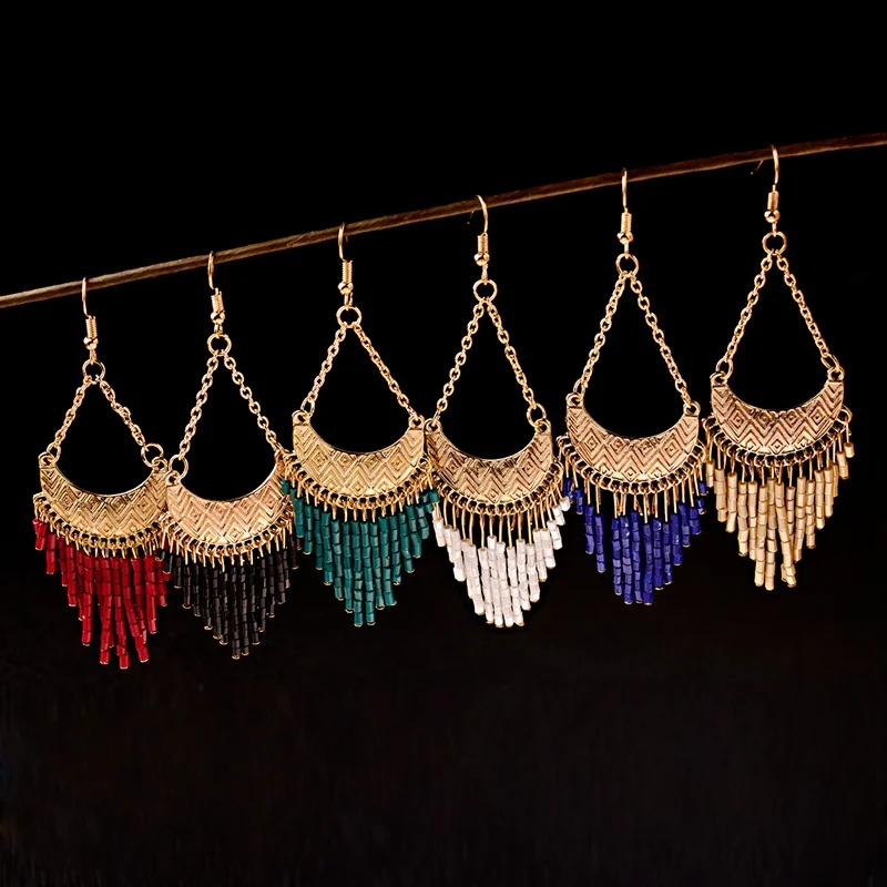 

TopHanqi 6colors Rice Bead Jhumka Jhumki Indian Tassel Earrings Jewelry For Women Boho Ethnic Gold Metal Moon Shape Drop Earring