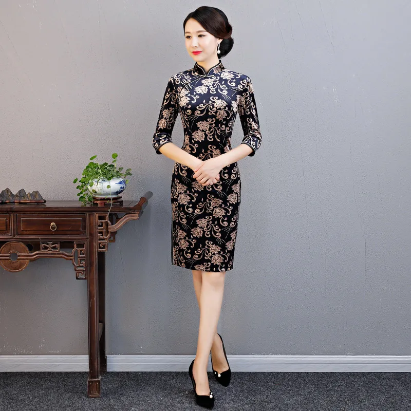 

Oriental Women Vintage Floral Slim Qipao Traditional Velvet Cheongsam Elegant Lady Evening Party Dress Vestidos Plus Size 4XL