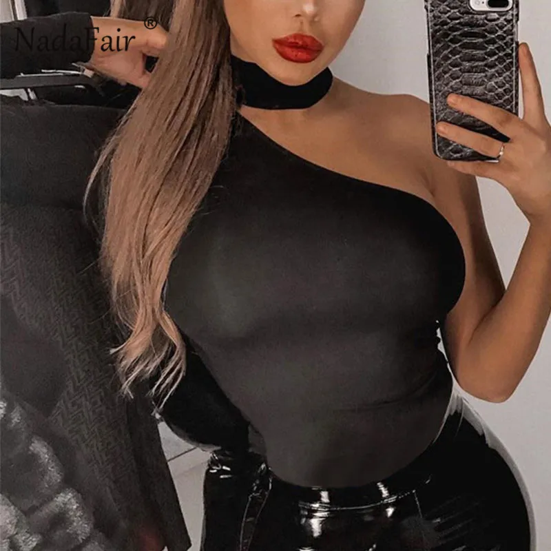 Nadafair الأحمر أسود واحد الكتف ارتداءها النساء ملابس علوية بأكمام طويلة للربيع الجسم الإناث 2019 نحيل مثير نادي الياقة المدورة داخلية رومبير