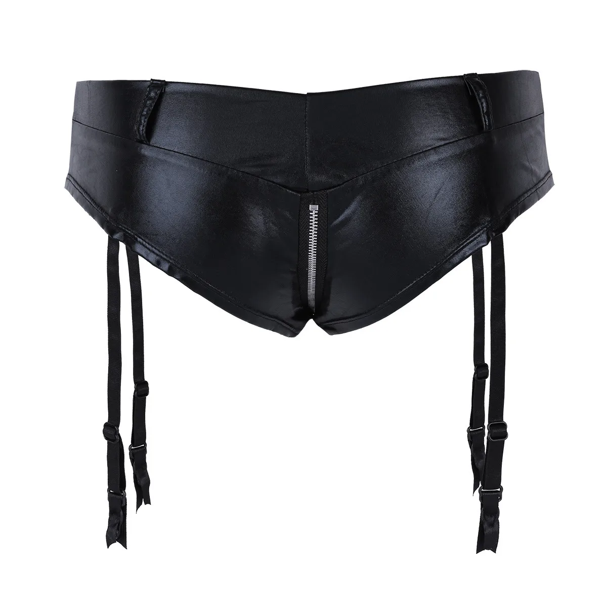 Women Lingerie Underwear Wetlook Faux Leather Zipper Crotch Low Rise Mini Briefs with Garters Ladies Sexy Panties Clubwear