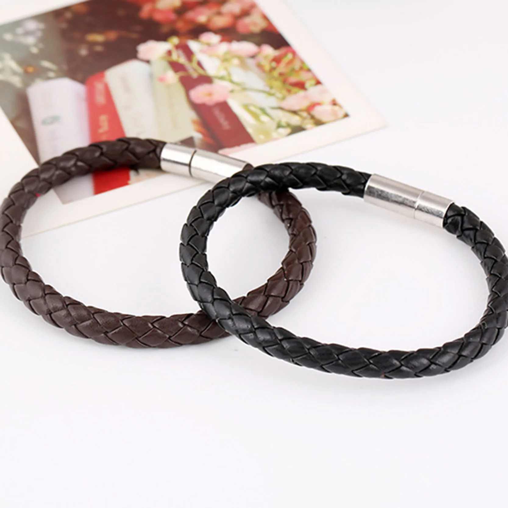 Jiayiqi PU Leather Bracelets Simple Braided Dark Brown Bracelets & bangle for Women Men Jewelry Fashion Accessory Wholesale 22cm