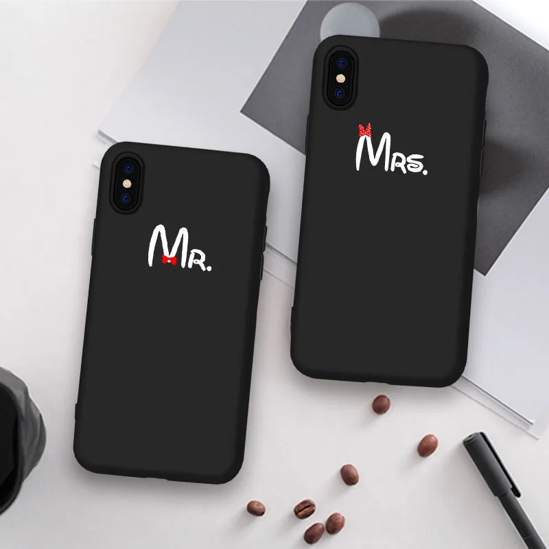 

Phone Case Coque For iPhone 6 6S Plus X XR 5 SE Plus Romantic Couples Bow Mr Mrs Black Soft Phone Cover For iPhone 8 7 Plus