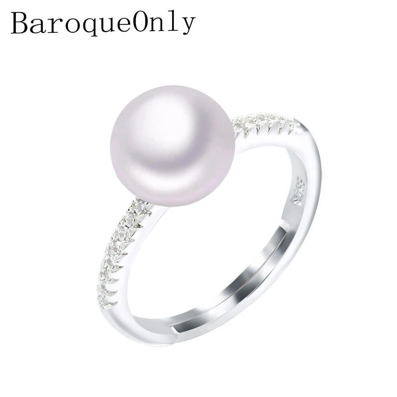 

BaroqueOnly 2018 Fashion Pearl Ring Natural Freshwater Pearl Rings 8-9mm AAA Zircon 925 Sterling Silver jewelry Rings For Women