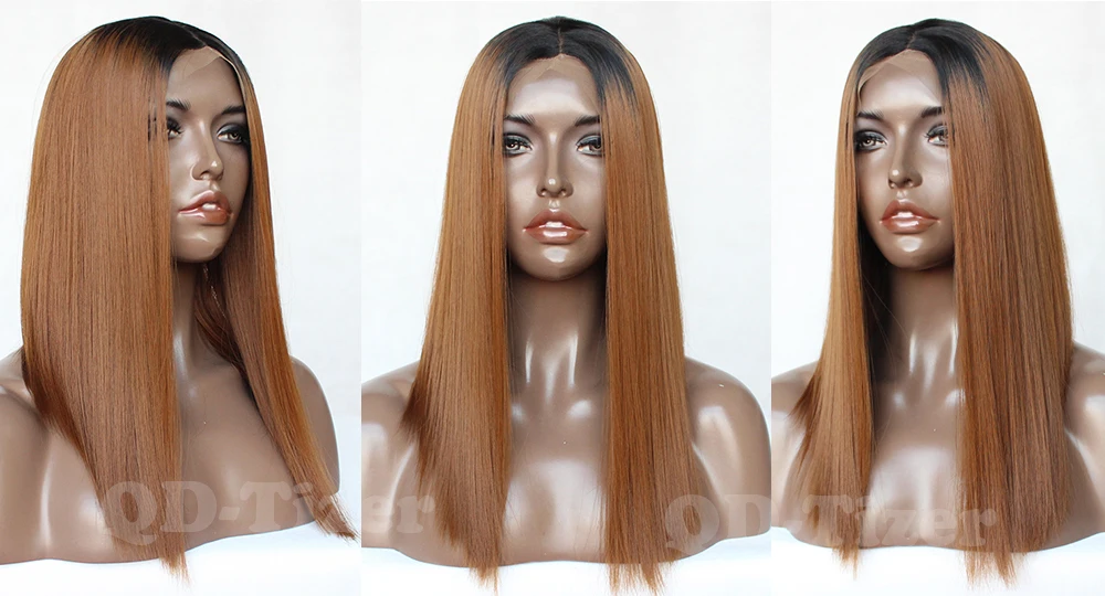 QD-Tizer Bob Wig Short Straight Synthetic Lace Front Wig Ombre Brown Lace Front Wigs For Black Women 5