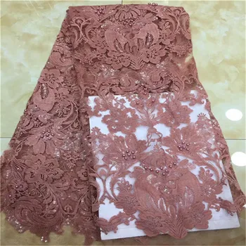 

Latest Peach African Lace Fabric 2019 High Quality Lace Embroidery French Mesh sequins Beads Nigerian Lace Fabrics Material