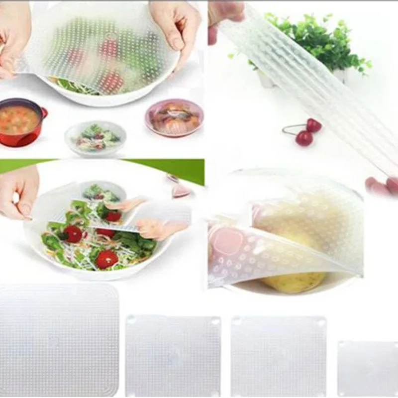 

4Pcs Food Fresh Keeping Saran Wrap Kitchen Tools Reusable Silicone Food Wraps Seal Vacuum Cover Stretch Lid Kitchen Accessories