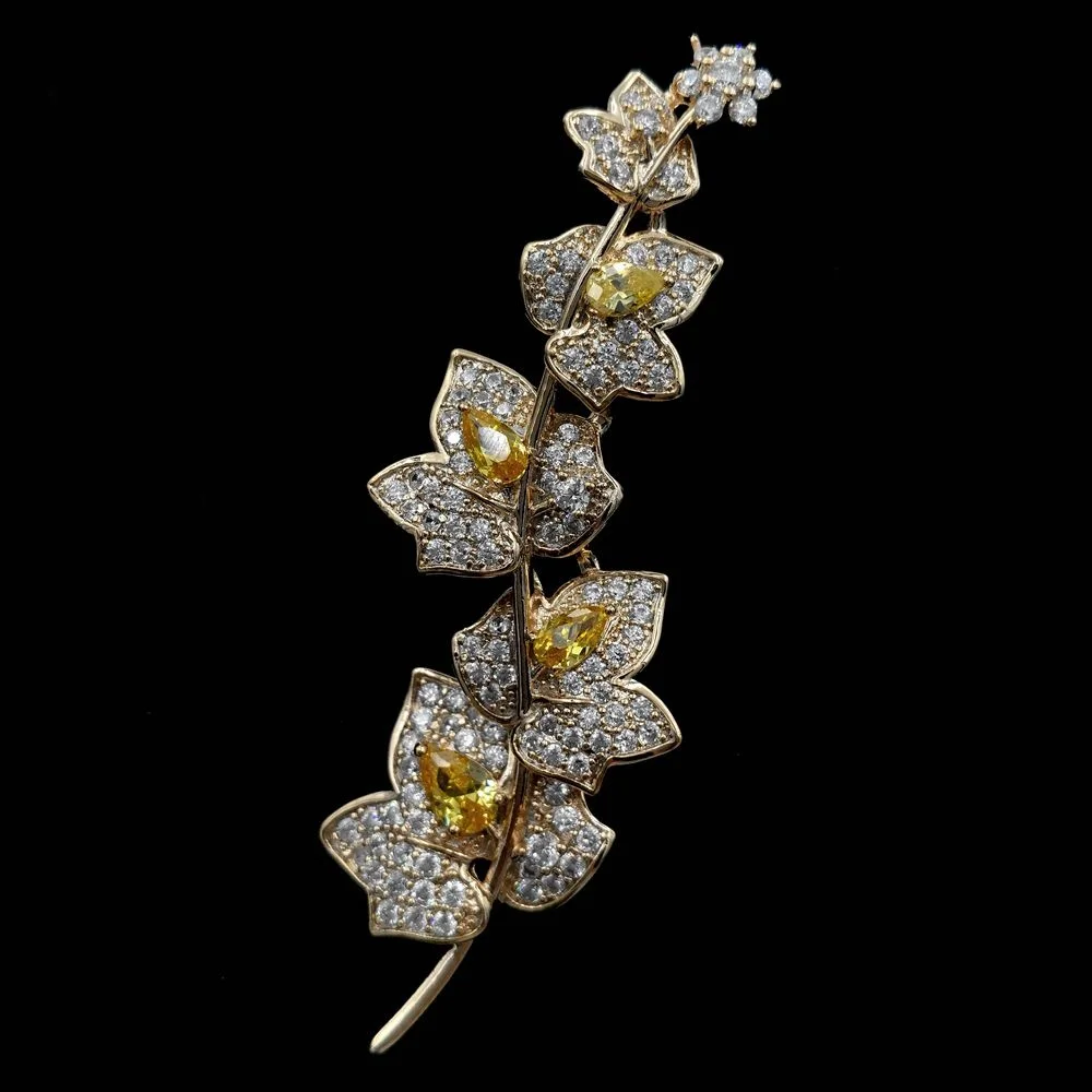 Charming Elegant Vine Plant Branch Yellow Flowers Brooch Gold Tone Micro Pave and Pear Shaped CZ Floral Vane Pin Bridal Jewelry
