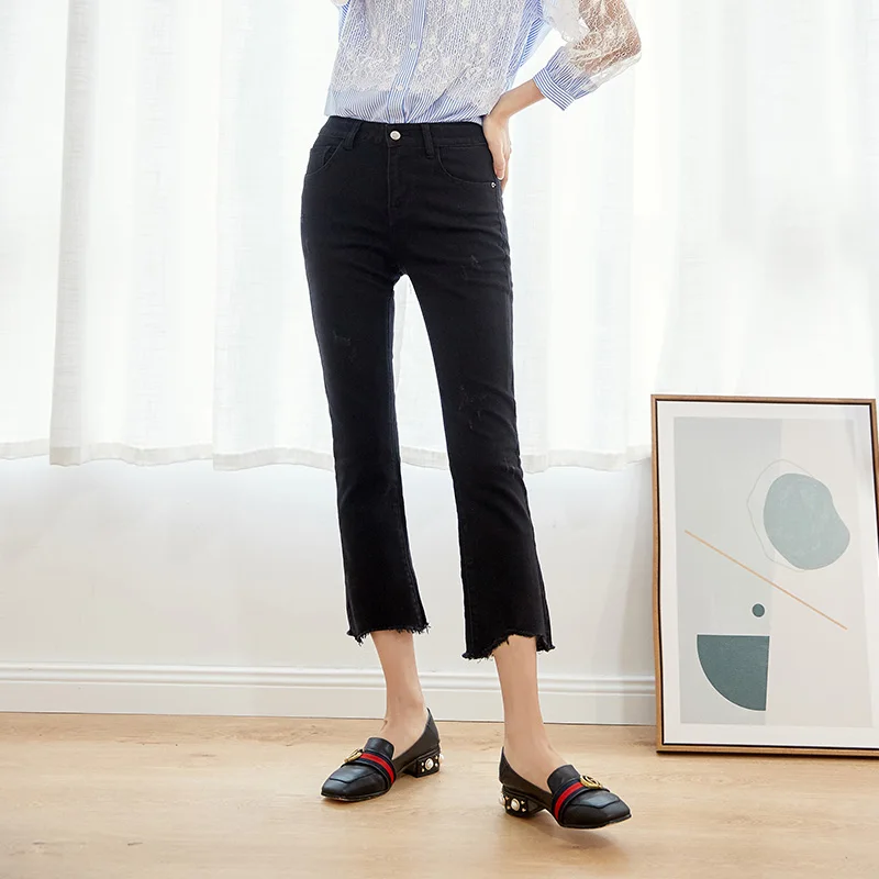 LEIJIJEANS 2019 plus size For Mom jeans Mid Waist Ankle length Cotton Flare stretchy Pant Black bootcut women capris jeans 6254