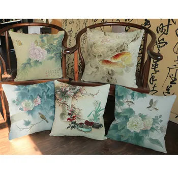 

Chinese Style Famous Vintage Ink Painting Flower Bird Cushion Throw Pillows Cotton Linen Home Decoration Sofa Chair Pillowcase