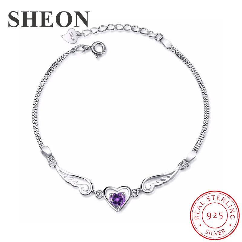 

SHEON Angel Wings 925 sterling silver Angle Lovers Heart Inlaid Purple CZ Bracelet For Women Authentic Sterling Silver Jewelry