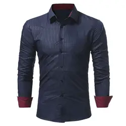 Мужская полосатая рубашка с длинным рукавом из хлопка Regular Slim Fit 2019 Весна Новый контрастный цвет Мужские Рубашки Повседневные базовые