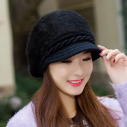 Softfox Для женщин берет шляпа вязаный шерстяной берет натуральный мех кролика шляпу однотонные Зимние Повседневные шляпа новинка наивысшего качества берет cap - Цвет: Black