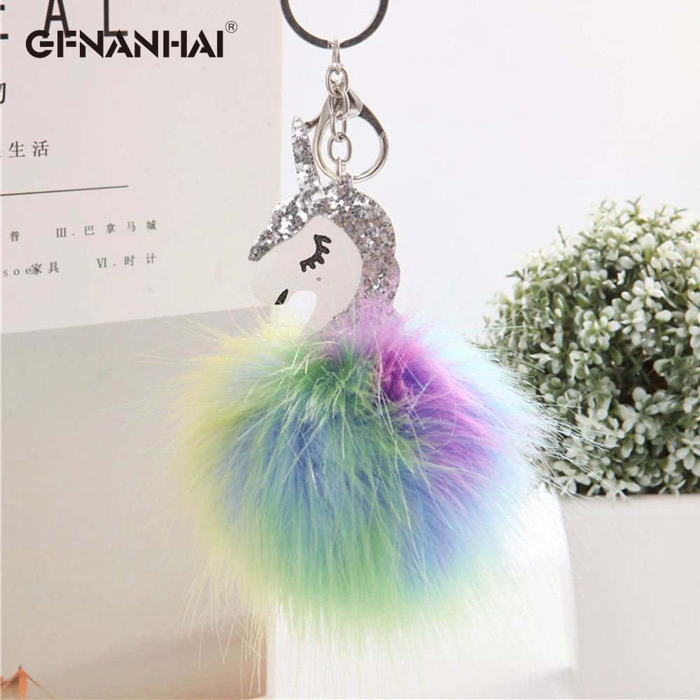 High Quality Anime Horse Toy Cute Metal Unicorn KeyChain Plush Toy Pendant Women Colorful hair ball Keyring Bag Hang Plush Toy