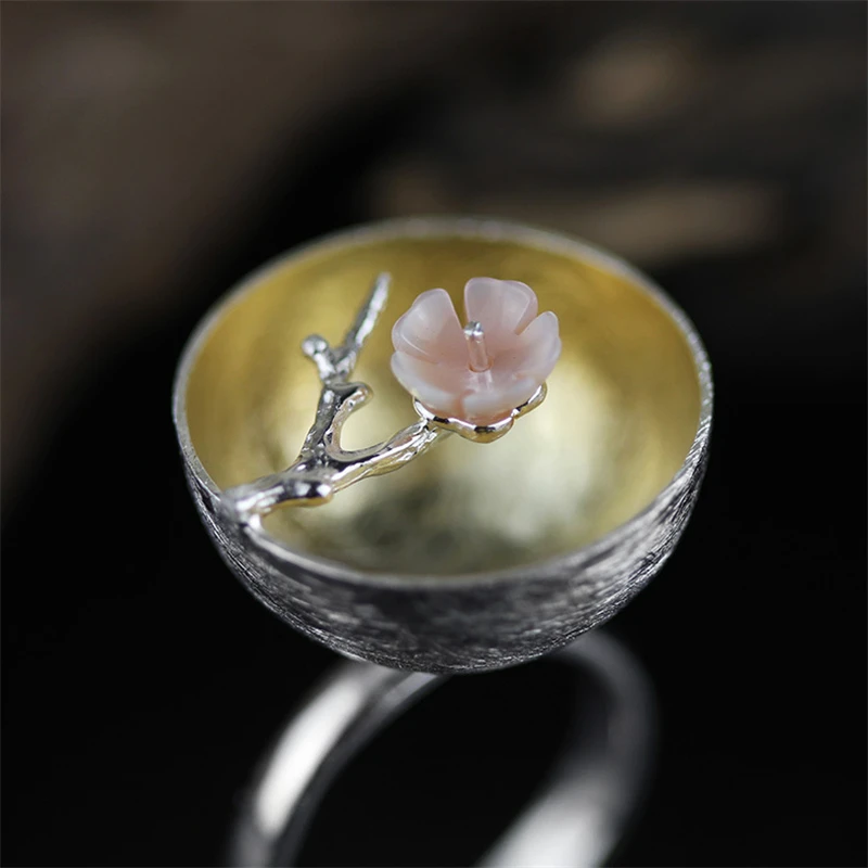 Lotus Fun Shell Plum Blossom Flower 925 Rings Real Silver Adjustable 925 Sterling Silver Rings for Women Simple Fine Jewelry
