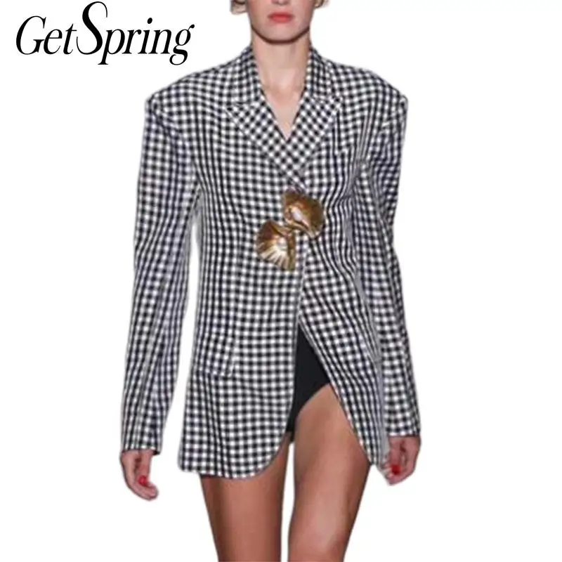 

GETSRING Ladies Blazers Gold Seashells Black White Plaid Suit Blazer Women Long Sleeve Single Breasted Slim All Match Coat 2018