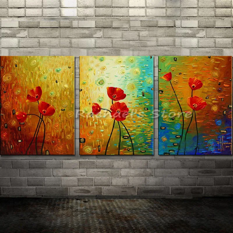 

Hand Painted Canvas 3 Pieces Poppy Oil Painting wall picture Modern Flower Painting for Bar Hotel Lavatory Coffee decor No Frame