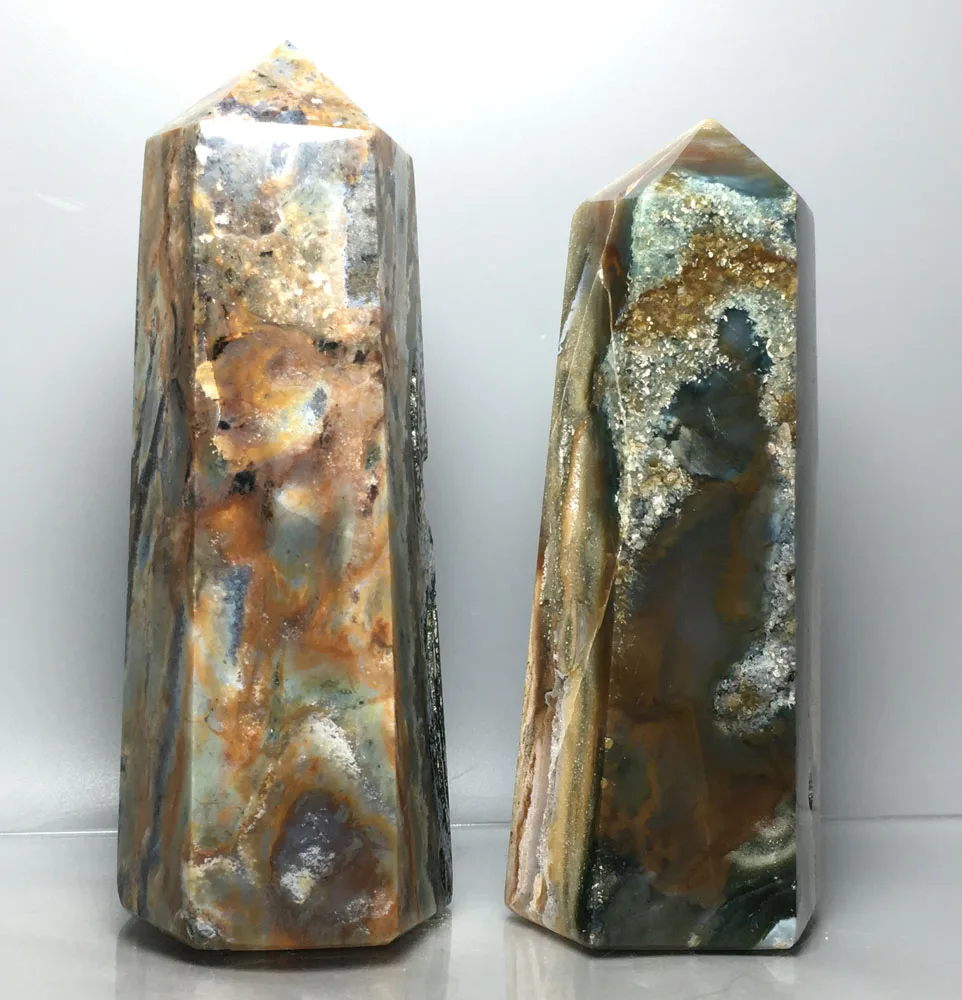 

740g 2pcs high quality fengshui natural QUARTZ crystals healing stones OCEAN JASPER points wand