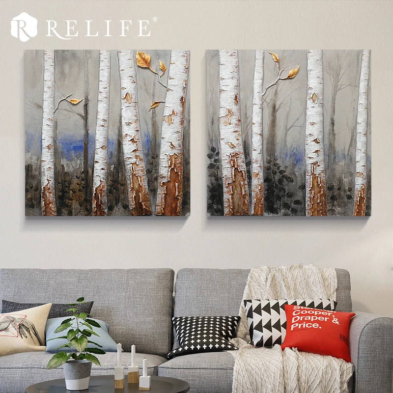 

100% Handpainted Wall Painting Birch Forest Acrylic Pictures for Living Room Square Scenery