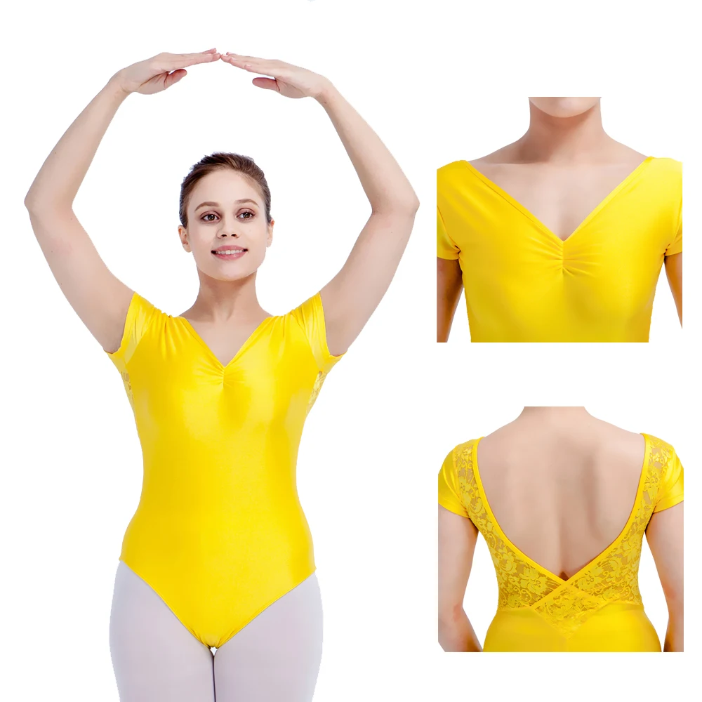 Yellow Shiny Nylon/Lycra Lace Cap Sleeve V Back Ballet Leotard Girls Dance Costume Ladies