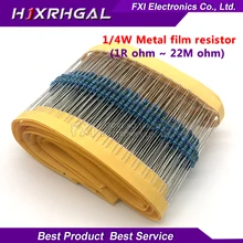 100pcs 1/4W 1R~22M 1% Metal film resistor 100R 220R 1K 1.5K 2.2K 4.7K 10K 22K 47K 100K 100 220 1K5 2K2 4K7 ohm resistance
