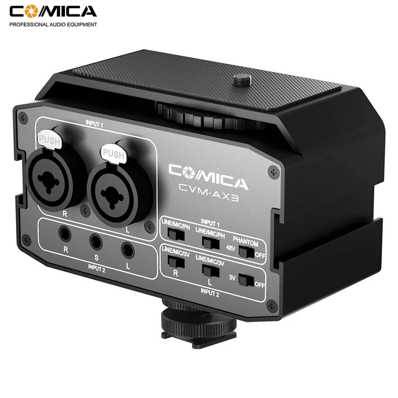 

Comica CVM-AX3 XLR Audio Mixer Adapter Preamplifier Dual XLR/3.5mm/6.35mm Port Mixer for Canon Nikon DSLR Camera&Camcorders