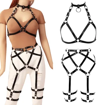 

Leather Full Body Harness Women Top Cage Bra Sexy Punk Gothic Metal Rivet Lingerie Set Adjustable Bondage Belt Night Clubs Rave