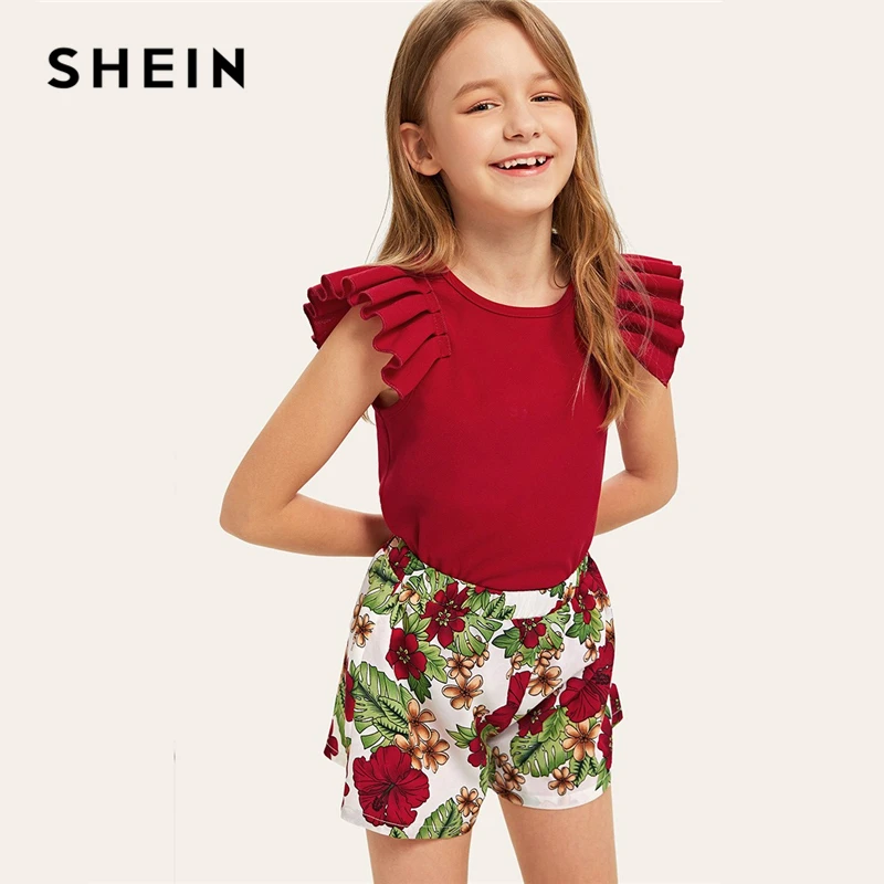 

SHEIN Kiddie Girls Solid Pleated Sleeve Tee And Tropical Print Shorts Boho Sets 2019 Summer Vacation Ruffle Children Suit Sets