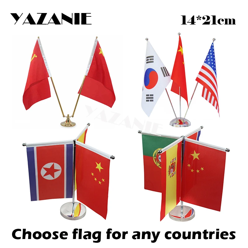 

YAZANIE 14*21cm Choose 3 or 4 Countries Table Desk Flag with Stainless Steel Base & Pole Table Flag Stand World Country Flags