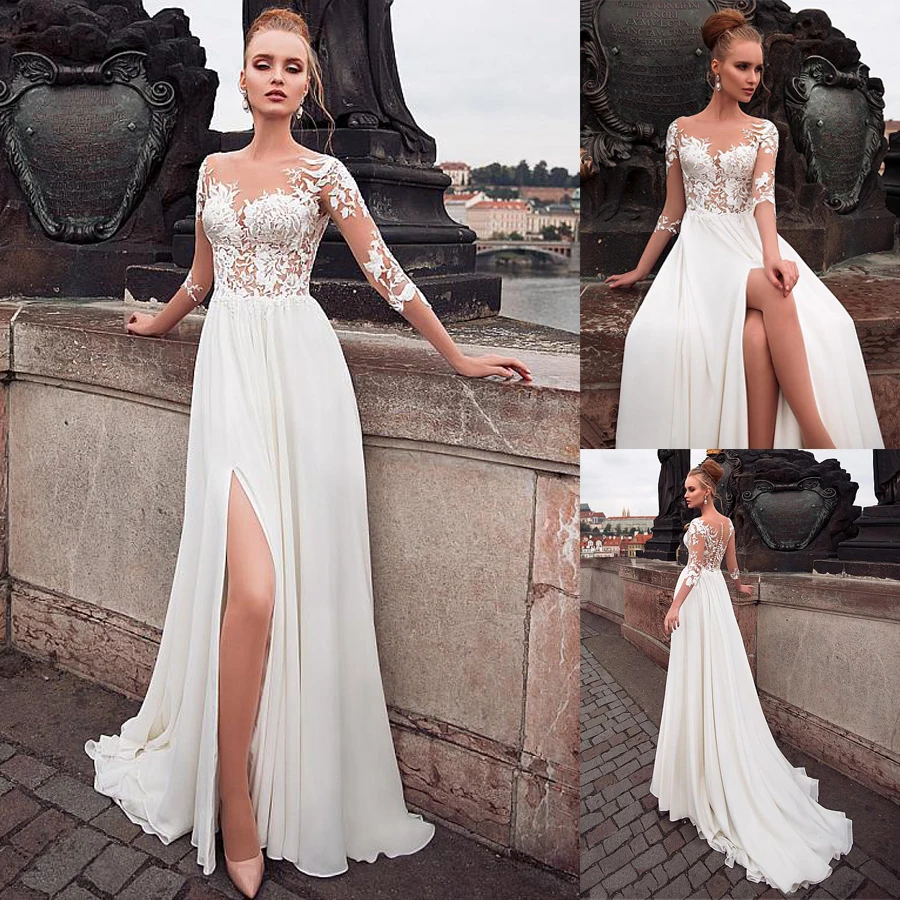 Elegant Chiffon Bateau Neckline See-through Bodice A-line Wedding Dress With Lace Appliques Front Slit 3/4 Sleeves Bridal Dress