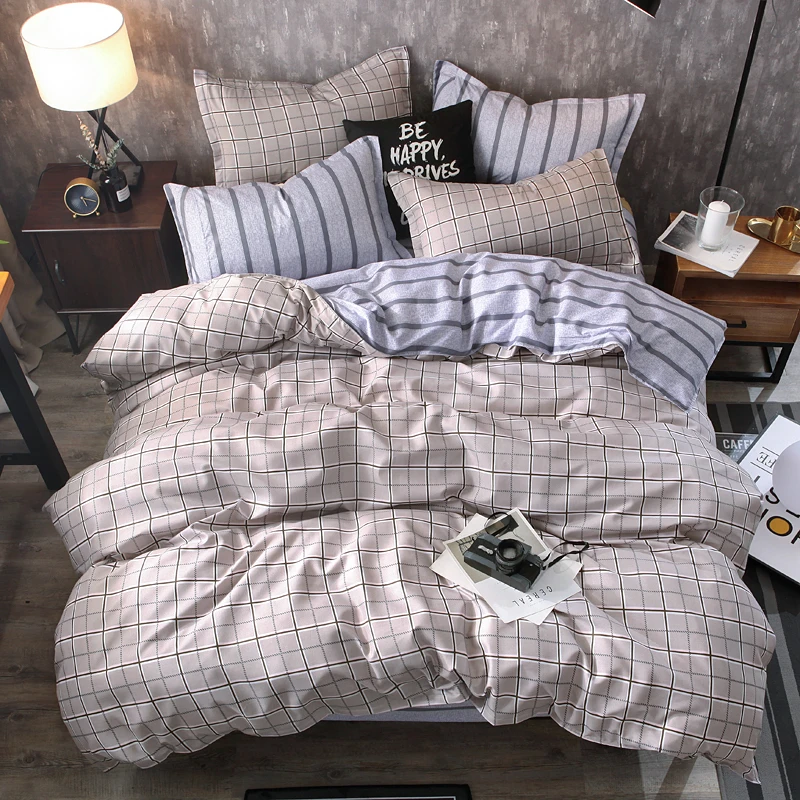

High-quality Double bed clothes 3/4pcs duvet cover+bedlinen +pillowcase Stripe lattice king beds 200*230 jogo de cama