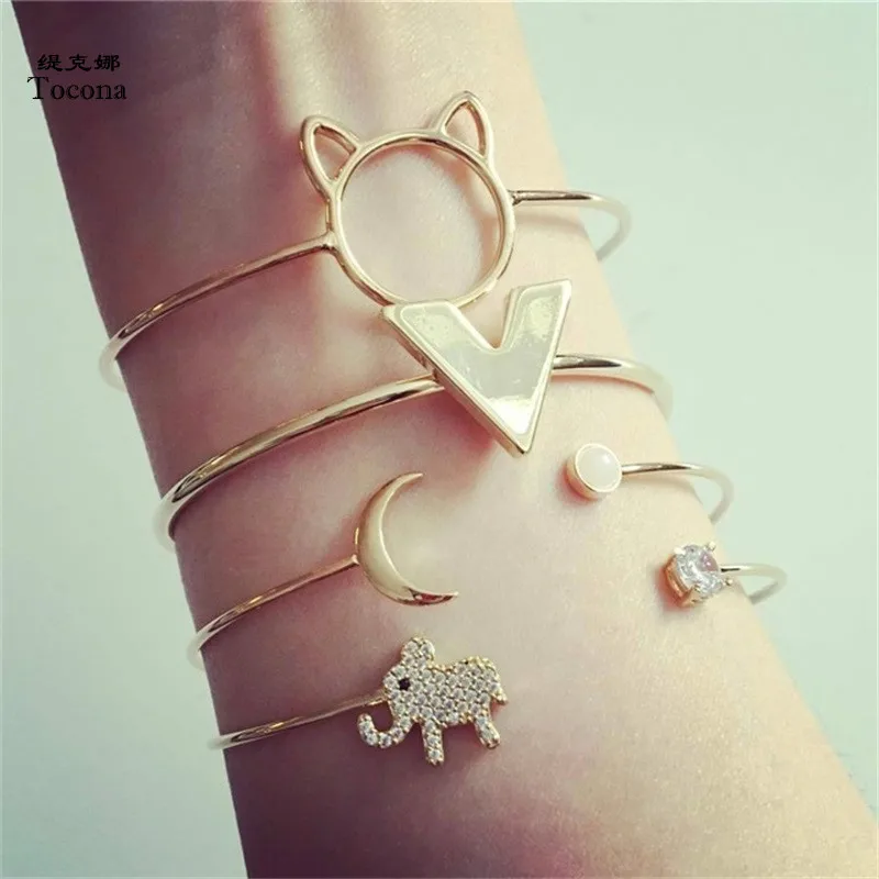 

Tocona 4PCS/Set Opening Cat Elephant Moon Cuff Bracelets Set Gold Alloy Bracelet Adjustable Bangle for Women Boho Jewelry 5253