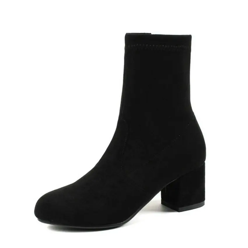 QUTAA/ Для женщин флокированные ботильоны круглый носок универсальные квадратном каблуке; изящная обувь на высоком каблуке; зимние ботинки на молнии Женская обувь большой Размеры 34–43 - Цвет: Черный