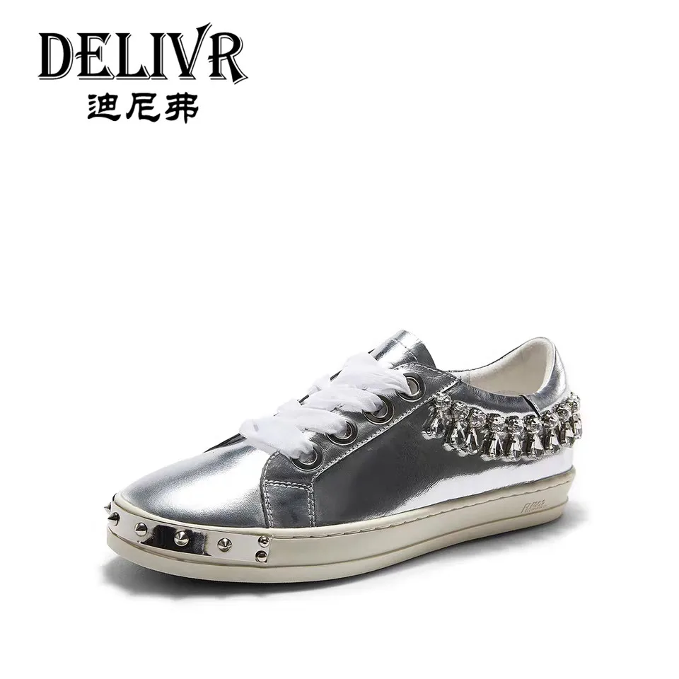 

Delivr Luxury Female Shoes Flats Fashion Rivets Women'S Casual Shoes Solid Genuine Leather Ladies Sneakers Schoenen Vrouw Silver