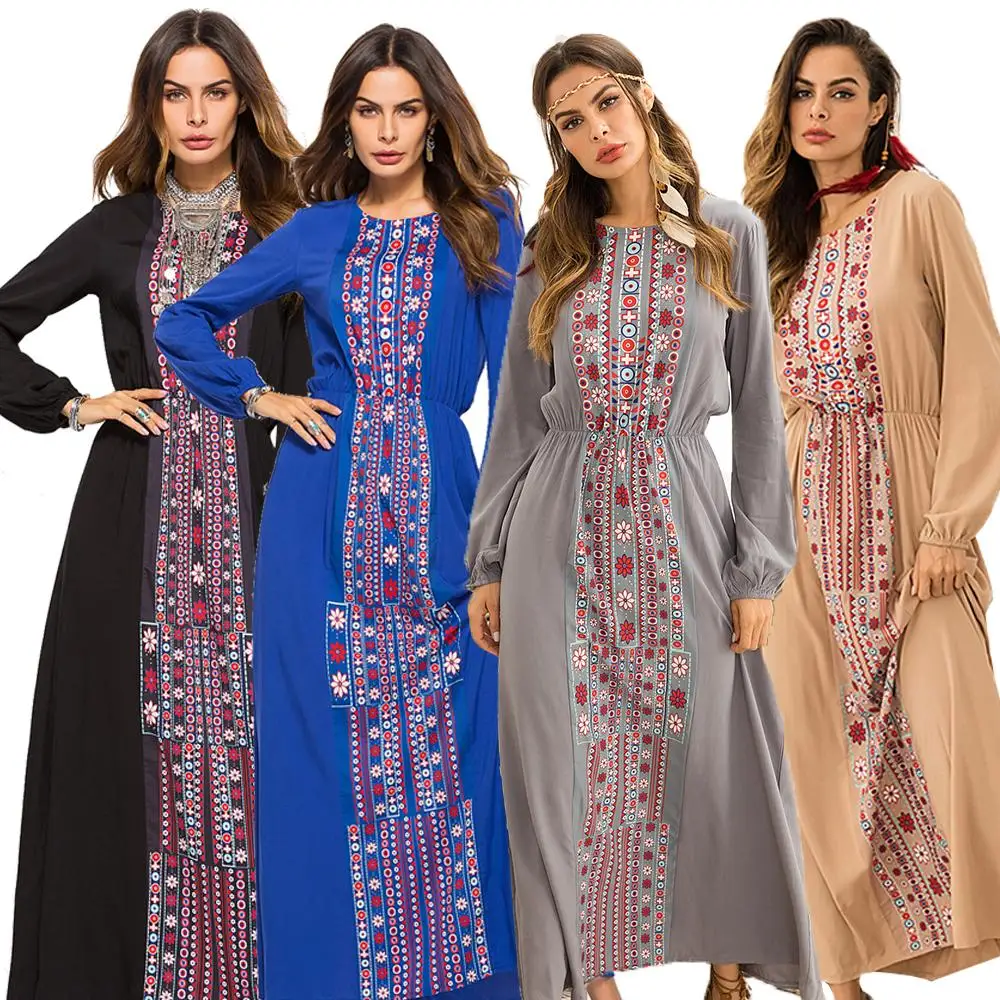 

Ramadan Women Dress Ethnic Ukraine Long Sleeve Maxi Muslim Robe Elastic Waist Floral Printed Folk Abaya Turkey Clothing Caftan