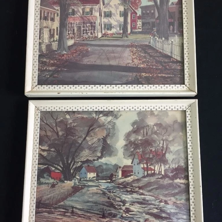 2 vintage prints framed LAMBERT product antique shop house town fall