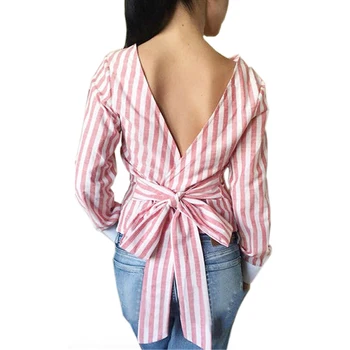 

Backless 2019 Plus Size Sexy Striped Open Back Deep V Tops Long Sleeved Bandage Shirt for Women Ladies Autumn Clothes LX008