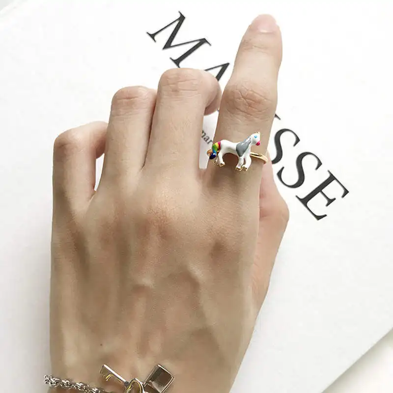 INZATT Настоящее 925 пробы Серебряное милое эмалированное кольцо в виде единорога для модных женщин минималистичное ювелирное изделие аксессуары подарок