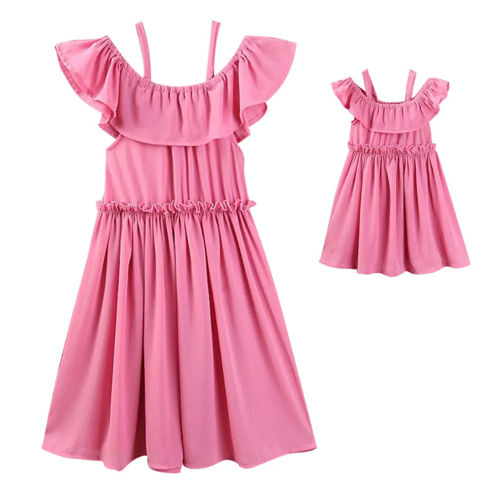 

2018 Mother Daughter Family Matching Dress Clothes Women Kids Girl Off Shoudler Pink Suspender Summer Ruffle Sundress Clothing