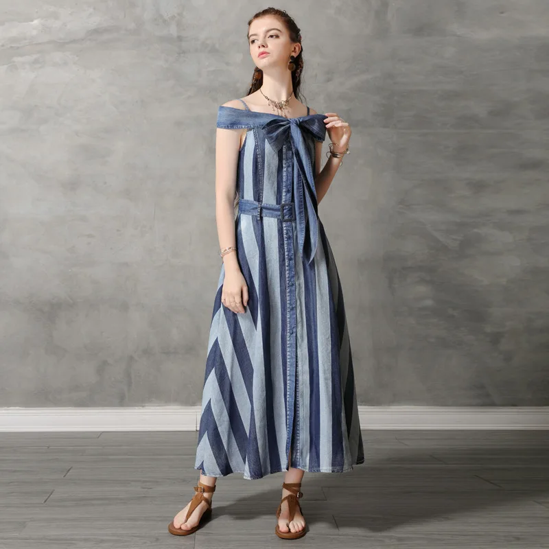 Summer Denim Dress Women Slash Neck Midi Striped Soft Blue Big Bow Lady Casual Jeans Dresses - Color: Blue