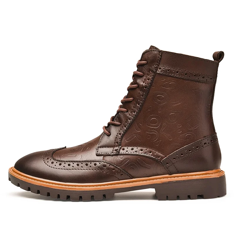 NINYOO/новые модные зимние ботинки; мужские ботинки с перфорацией типа «броги» из натуральной кожи; водонепроницаемые ботинки martin с мехом; Зимние ботильоны размера плюс 47 - Цвет: brown