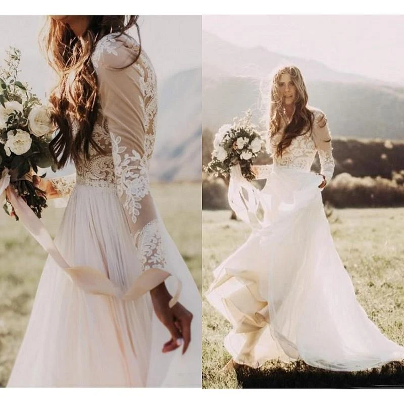 Vestidos de novia bohemios de estilo campestre, ropa boda manga larga, ilusión pura en la espalda, vestido de novia hecho a medida, 2022| Vestidos de novia| - AliExpress