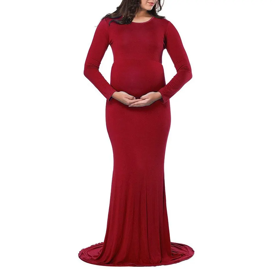 VOGUEON Women V Neck Maternity Dress Long Sleeve Ruched Maxi Photography Clothes Lady Mermaid Pregnant Baby Shower Evening Gown