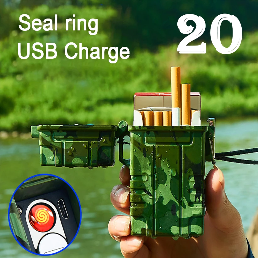 

20pcs Capacity Cigarette Case with USB Electric Plasma Lighter Creative Outdoor Waterproof Box Electronics Gadgets For Men