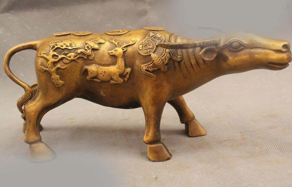 

9" China Folk Feng Shui Bronze Fu Wealth Zodiac Year Deer Money Bull Oxen Statue