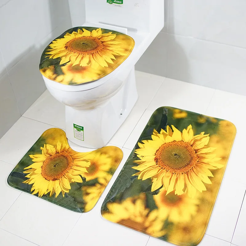 Sunflower Printed 3Pieces Bathroom Bath Mats Set Anti slip Floor Rugs