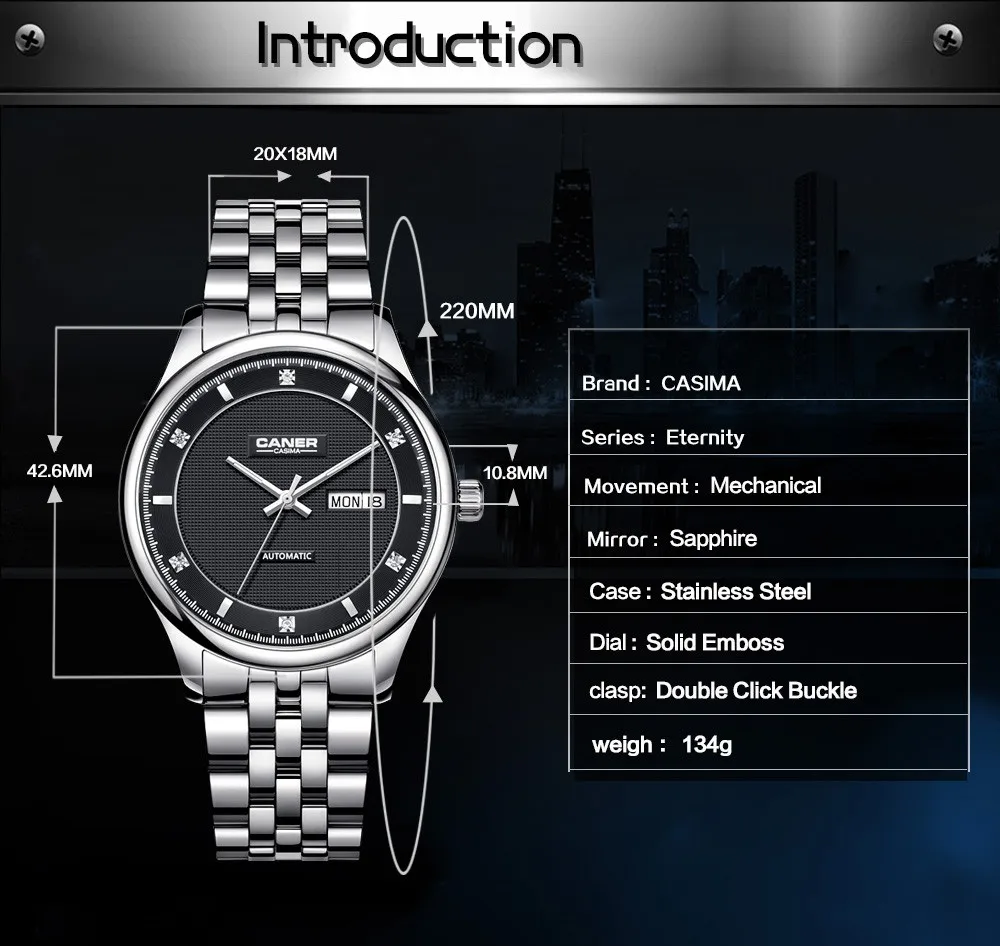 Новые автоматические деловые часы CASIMA с бриллиантовым шармом, мужские часы с календарем, водонепроницаемые 100 м, нержавеющая сталь#6806
