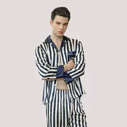 Новый плюс Размеры Для мужчин Повседневное дышащая Высокая искусственного шелка пижамный комплект мужской полосатый lounge пижамы