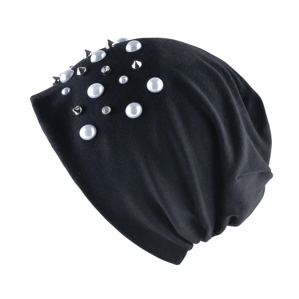 VEITHDIA Willow pearl хеджирующая шапка женская Skullies вязанные шапочки вязаная шапка s чепчик двухслойная хлопчатобумажная салфетка шапка, сезон осень-зима - Цвет: Черный