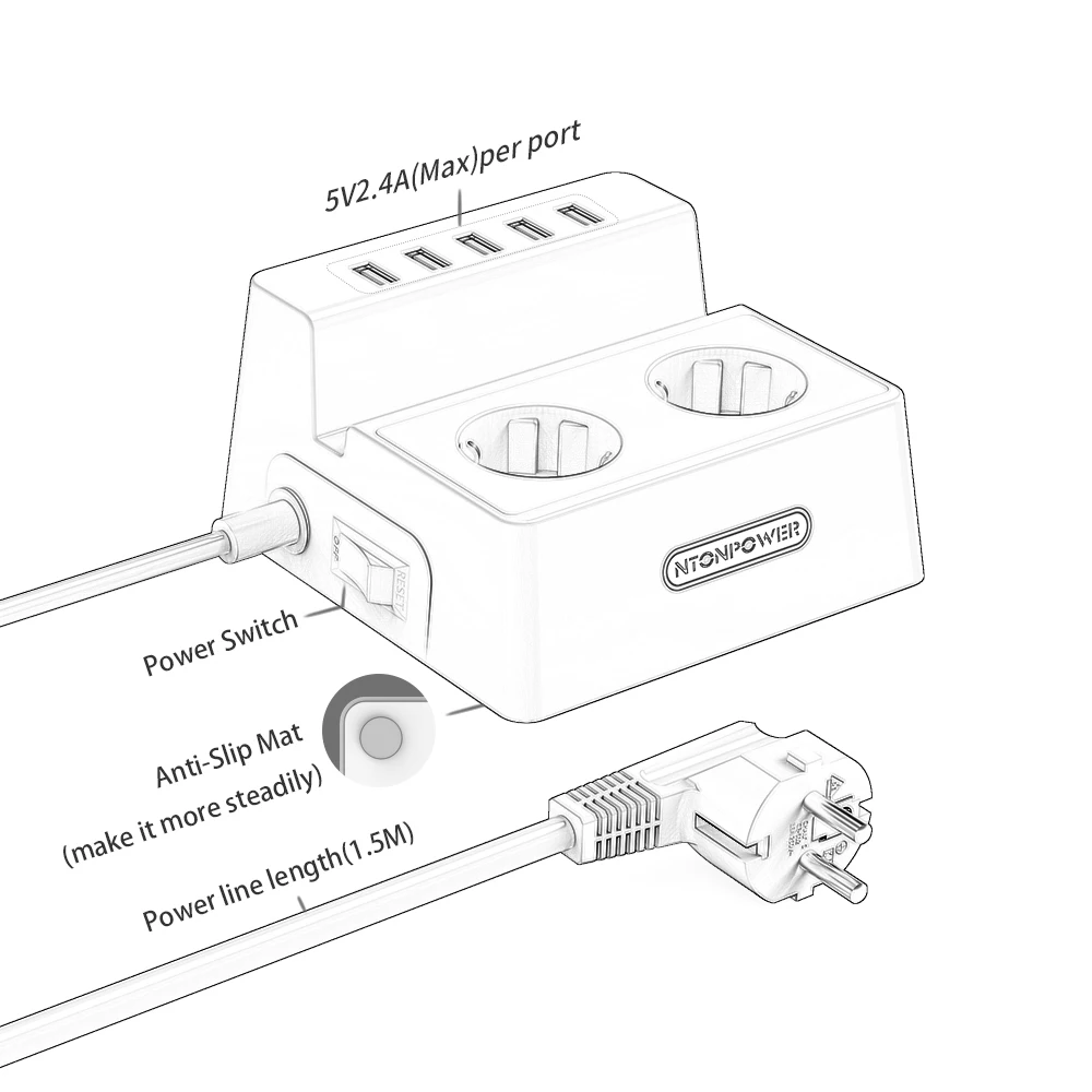 Удлинитель NTONPOWER с 2 розетками переменного тока 5USB портов|outlet extension|ac outletpower socket |