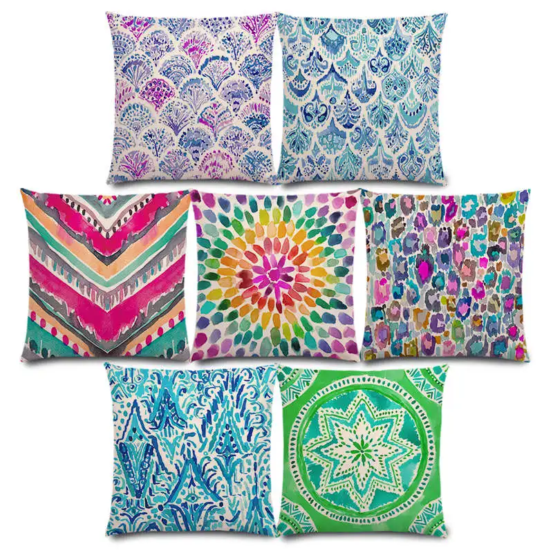 

New Watercolor Boho Mandala Waves Coral Camo Stripe Paisley Geometry Rainbow Prints Colorful Cushion Cover Sofa Pillow Case